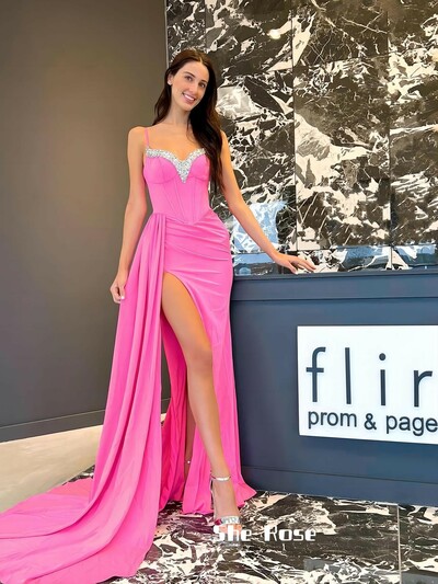 Pink Spaghetti Straps Beaded Prom Dresses With Sash