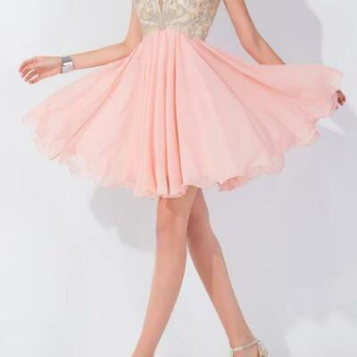 Modern high neck cap sleeve chiffon homecoming dress with appliques beadings,1659 - Thumbnail 2