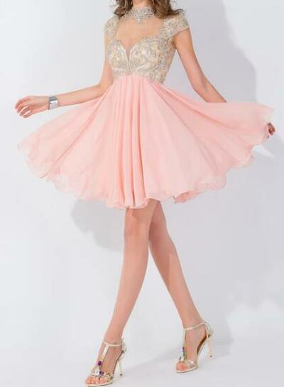 Modern High Neck Cap Sleeve Chiffon Homecoming Dress With Appliques Beadings,1659