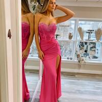 Glitter Sweetheart Hot Pink Evening Prom Dresses With Split - Thumbnail 1