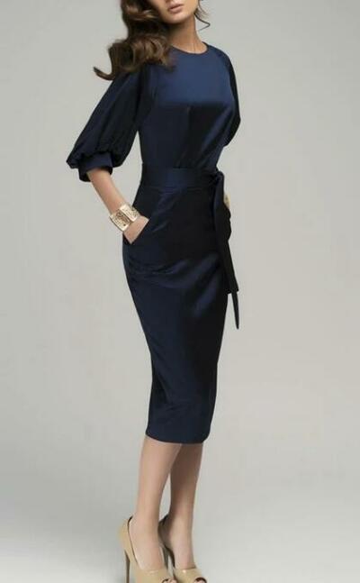 Navy Blue Formal Retro Knee-Length Pencil Wedding Guest Dress,1660