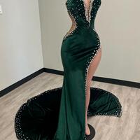 Sexy Dark Green Velvet Beaded Prom Dresses Long Evening Dress - Thumbnail 3