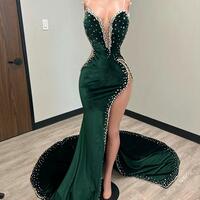 Sexy Dark Green Velvet Beaded Prom Dresses Long Evening Dress - Thumbnail 2