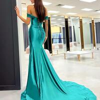 Off The Shoulder Mermaid Satin Long Evening Dresses Split Prom Dress - Thumbnail 1