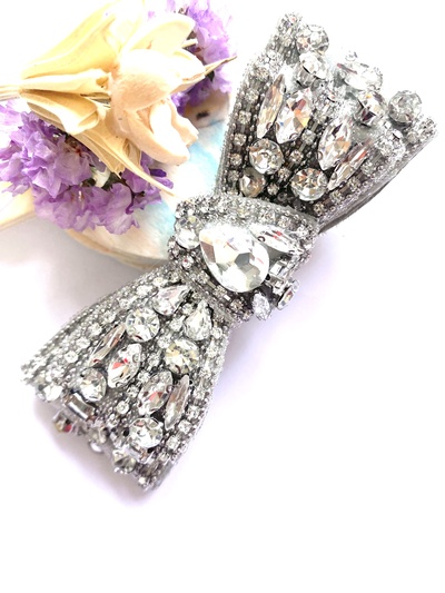 Wedding Rhinestone Crystal Grey Bow Hair Clip