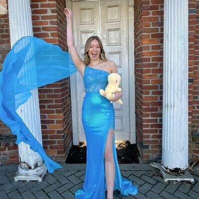 Blue prom dresses, sequined prom dress, appliques evening dress - Thumbnail 1