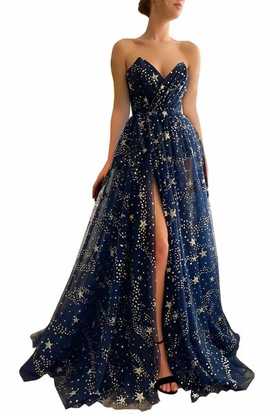 PSY859, Starry A-Line Sequined Tulle Prom Dress