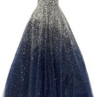 PSY860, Glitter Beaded Navy Blue Tulle A-Line Prom Dress - Thumbnail 1