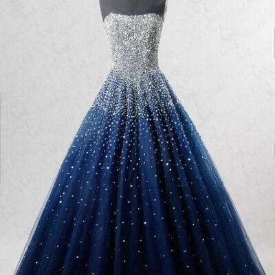 Psy860, glitter beaded navy blue tulle a-line prom dress