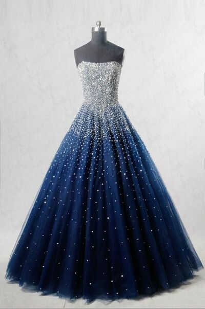 PSY860, Glitter Beaded Navy Blue Tulle A-Line Prom Dress