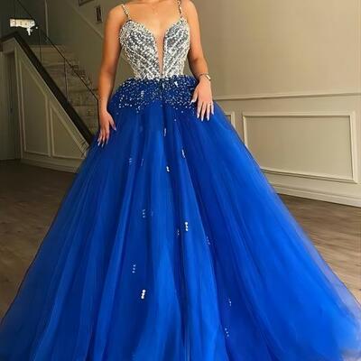 Psy861, luxury blue beading tulle prom dresses, royal blue birthday party dress