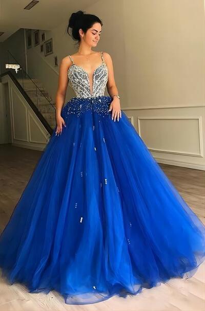 PSY861, Luxury Blue Beading Tulle Prom Dresses, Royal Blue Birthday Party Dress