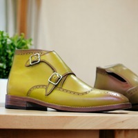 Yellow Double Buckle Brogue Leather boots  - Thumbnail 2
