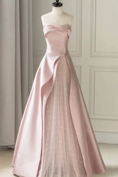 Pink Strapless Satin Floor Length Prom Dress, A Line Formal Evening Dress KPP1619