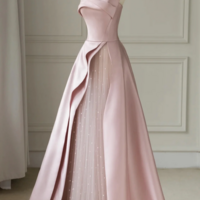 Pink Strapless Satin Floor Length Prom Dress, A Line Formal Evening Dress KPP1619 - Thumbnail 1