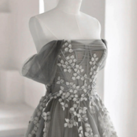 Gray Tulle Lace Long Prom Dress, A Line Off the Shoulder Evening Dress KPP1620 - Thumbnail 1