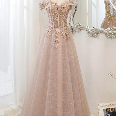 Pink tulle sequins long prom dresses, a line off the shoulder evening dresses kpp1621