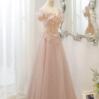 Pink Tulle Sequins Long Prom Dresses, A Line Off the Shoulder Evening Dresses KPP1621 - Thumbnail 3