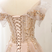 Pink Tulle Sequins Long Prom Dresses, A Line Off the Shoulder Evening Dresses KPP1621 - Thumbnail 4