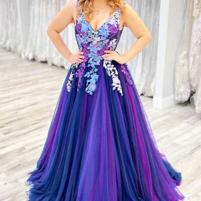 Psy863, deep v-neck embroidery a-line long prom dress