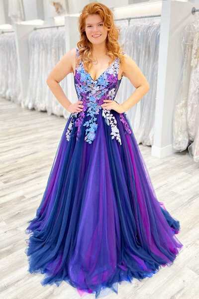 PSY863, Deep V-Neck Embroidery A-Line Long Prom Dress