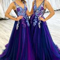 PSY863, Deep V-Neck Embroidery A-Line Long Prom Dress - Thumbnail 1