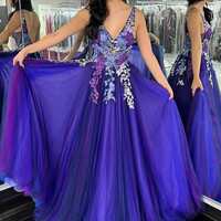 PSY863, Deep V-Neck Embroidery A-Line Long Prom Dress - Thumbnail 2
