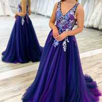 PSY863, Deep V-Neck Embroidery A-Line Long Prom Dress - Thumbnail 4