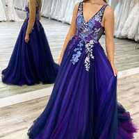 PSY863, Deep V-Neck Embroidery A-Line Long Prom Dress - Thumbnail 6