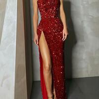 PSY864, Red Sequined Prom Dresses, Long Evening Party Dress - Thumbnail 1