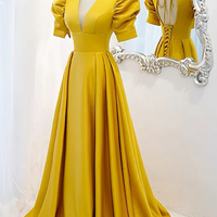 gorgeous Blue Long Deep V Neck Short Sleeve Satin Evening Gowns - Thumbnail 2