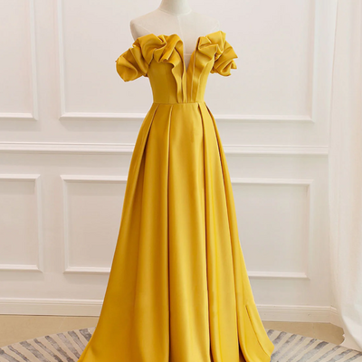 Yellow elegant party dresses strapless satin evening gowns