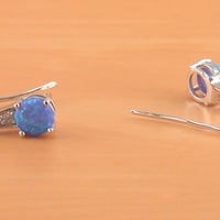 Sterling Silver Blue Opal & Cz Earrings/Blue Opal Hook Earrings/Opal Earrings/Opal Jewellery/Opal Jewelry/October Birthstone/UK - Thumbnail 2
