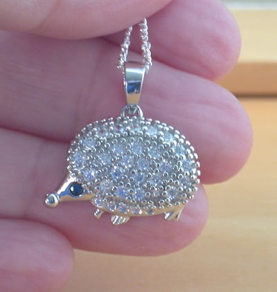 Sterling Silver Cz Hedgehog Pendant & Chain/Hedgehog Necklace/Hedgehog Jewellery/Hedgehog Jewelry/Cz Necklace/UK