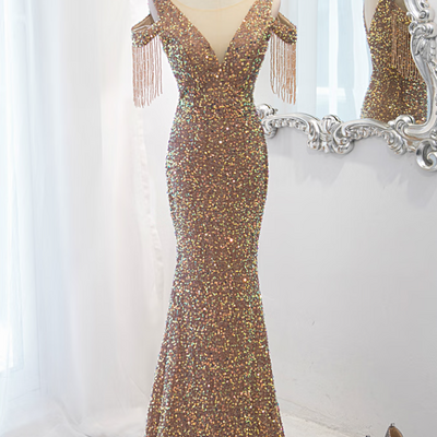 Sexy fishtail long evening gowns see through deep v neck sequins banquet dresses