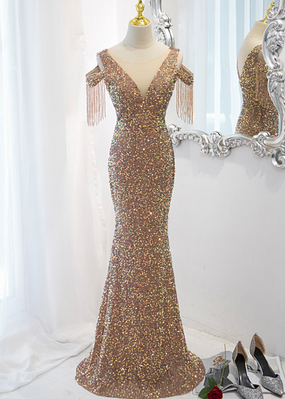 Sexy Fishtail Long Evening Gowns See Through Deep V Neck Sequins Banquet Dresses