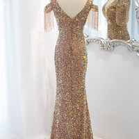 Sexy Fishtail Long Evening Gowns See Through Deep V Neck Sequins Banquet Dresses - Thumbnail 2