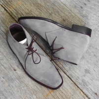 Black Lace Up Gray Color Chukka Premium Suede Leather Party Wear Plain Toe Boots - Thumbnail 2