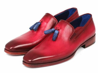 Burgundy Loafer Slip On Blue Tassels Handmade Burnished Derby Toe Leather Shoes