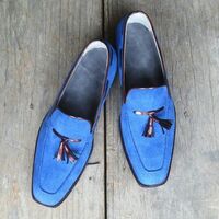 Men's Handmade Suede Leather Blue Shoes Loafer Party Tussles Style Leather Sole - Thumbnail 1