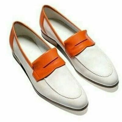Handmade moccasin loafer slip ons two tone white orange party wear men shoes - Thumbnail 4