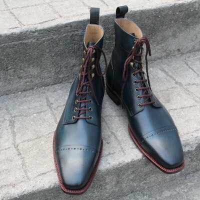 Crafted leather classic green leather ankle high lace up dress boot - Thumbnail 5