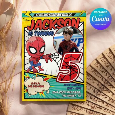 Spider man comic 5th birthday invitation, birthday boy invitation canva editable instant download - Thumbnail 4