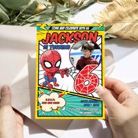 Spider Man Comic 6th Birthday Invitation, Spider Man Six Birthday Invitation Canva Editable Instant Download - Thumbnail 1