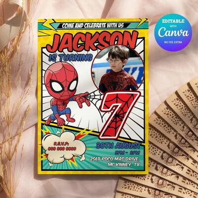 Spider Man Comic 7th Birthday Invitation, Spider Man Seven Birthday Invitation Canva Editable Instant Download