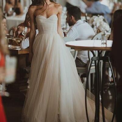 Simple a-line wedding dress, sweetheart wedding dress, tulle wedding dress,965