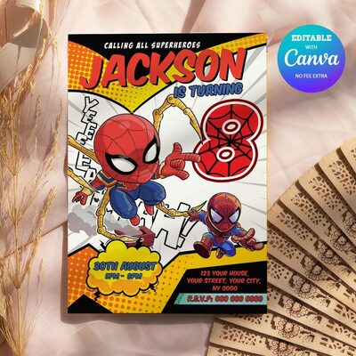 Spider man comic 8th birthday invitation, spider man eight birthday invitation canva editable instant download