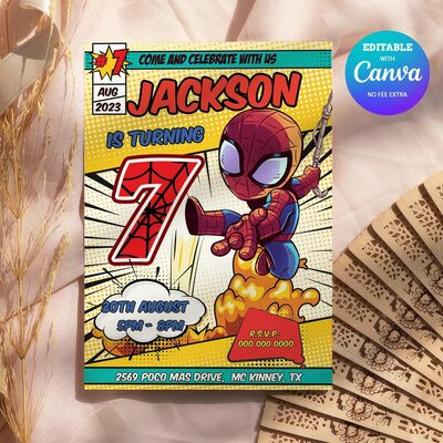 Spider man comic 7th birthday invitation, spider man seven birthday invitation canva editable instant download - Thumbnail 5