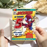 Spider Man Comic 5th Birthday Invitation, Spider Man Five Birthday Invitation Canva Editable Instant Download - Thumbnail 2