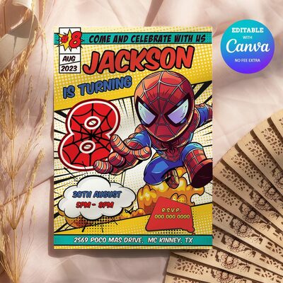 Spider Man Comic 8th Birthday Invitation, Spider Man Eight Birthday Invitation Canva Editable Instant Download